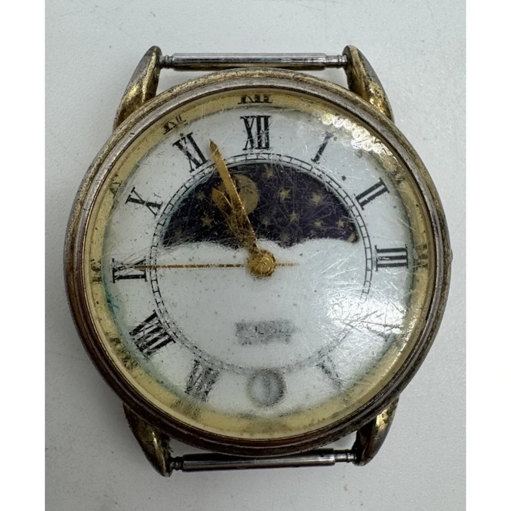Vintage Fossil World Moon Phase Watch Head Gold Tone Roman Numeral For Parts